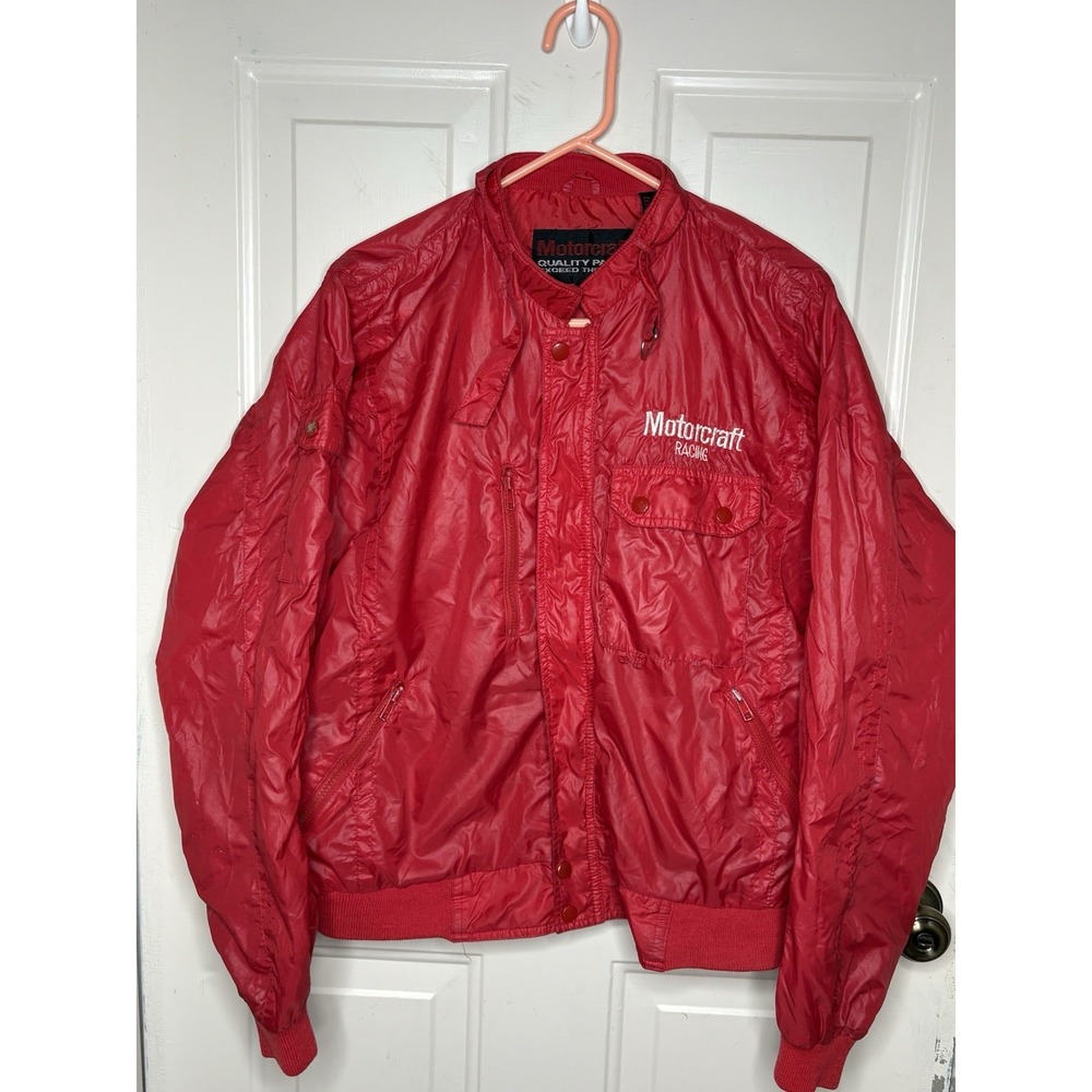 Vtg XL Red Motorcraft Racing Nylon Jacket Gas Oil Mechanic Rat Rod NASCAR  Logo